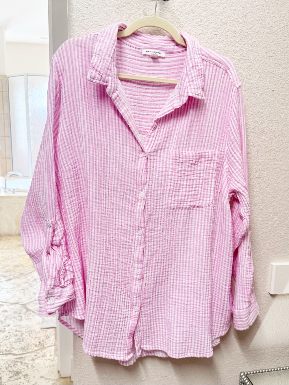 beachlunchlounge Gauze White and Pink Striped Button-Down Shirt Plus 1X
